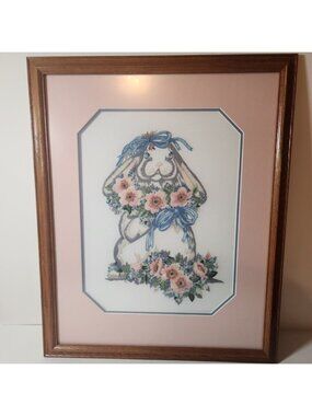 Vintage Framed Bunny Rabbit Needlepoint Embroidery Art Cottagecore grandmacore